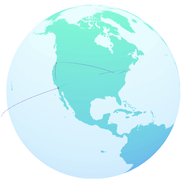 A globe centered on North America with purple lines connecting different places to one another.
