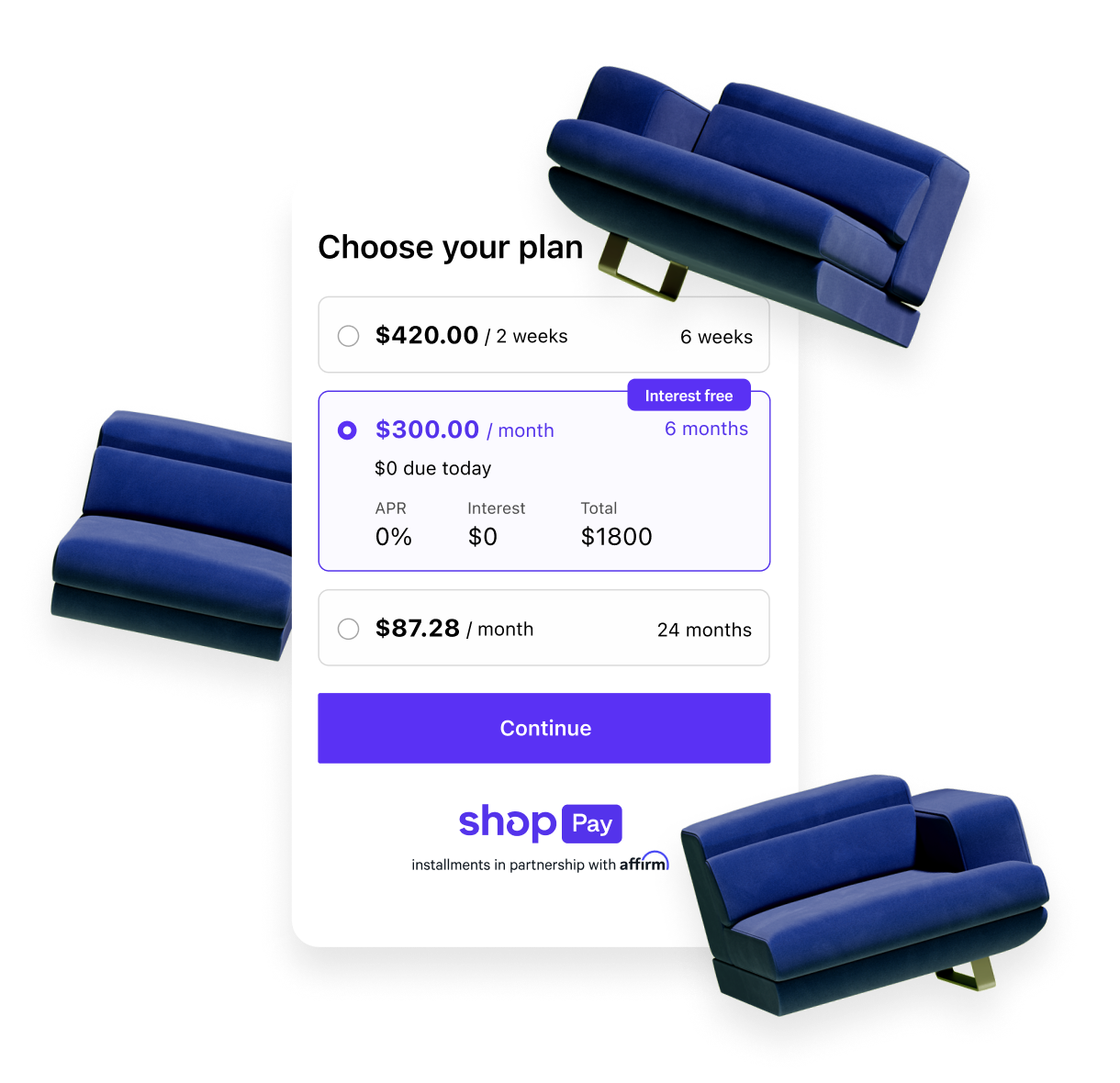 组合沙发的 Shop Pay 移动结账屏幕，使用 Shop Pay 分期付款将款项分期支付。
