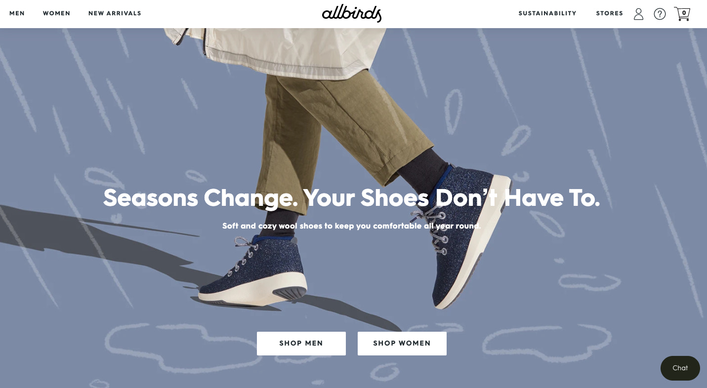 Web design example from Allbird's homepage.