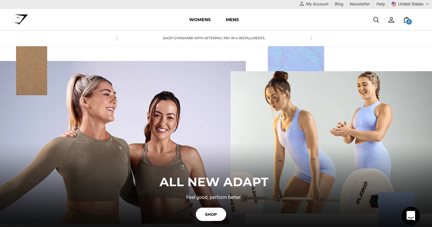 一个homepage example from Gymshark, a famous direct-to-consumer brand