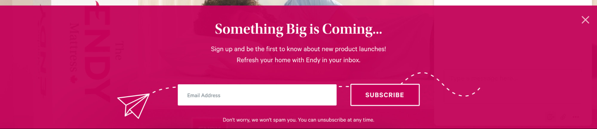 一个call to action example from Endy that asks prospect's for their email.
