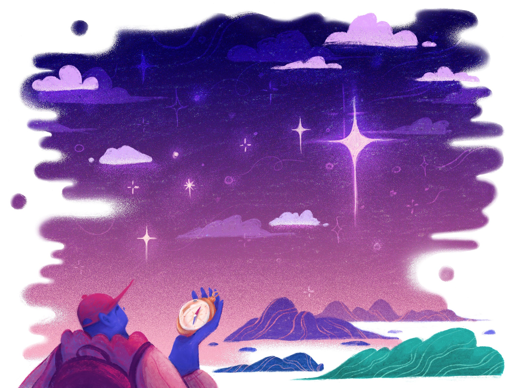 Illustration of a character using a compass to find the North Star