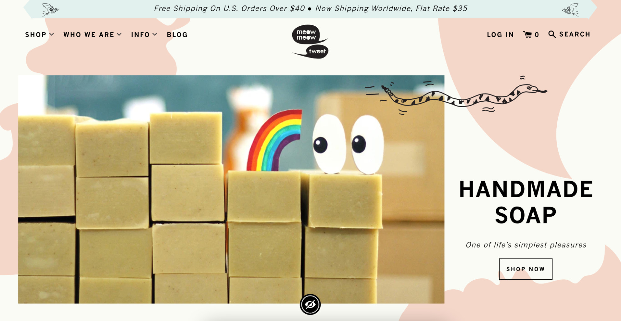 一个splashy homepage from Meow Meow Tweet, a skincare company