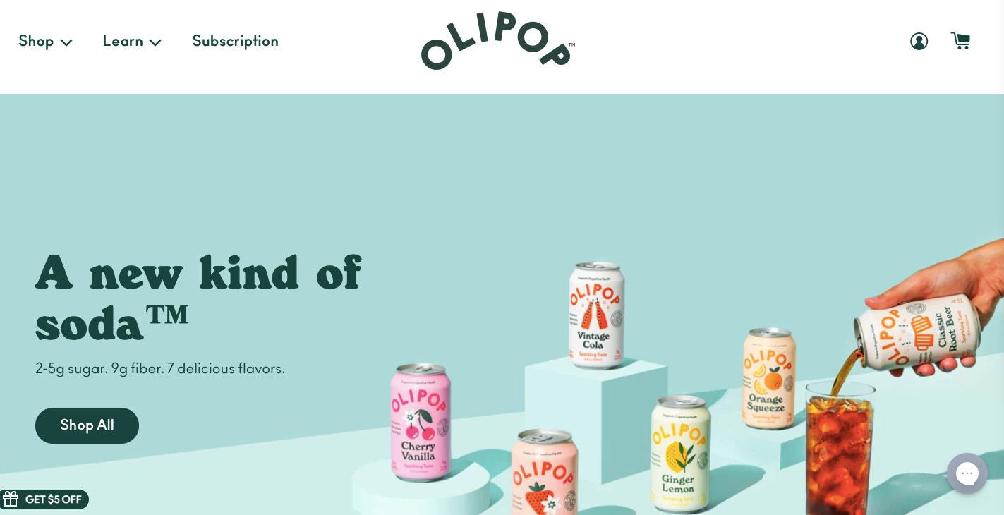 OLIPOP's website features bold colors and flashy photography featuring its beverage products.