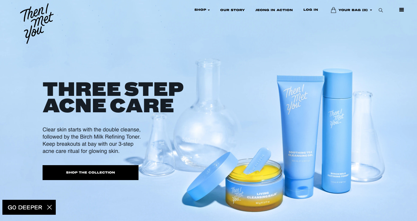 Then I Met You's website features a unique combination of periwinkle blue and sunny yellow.