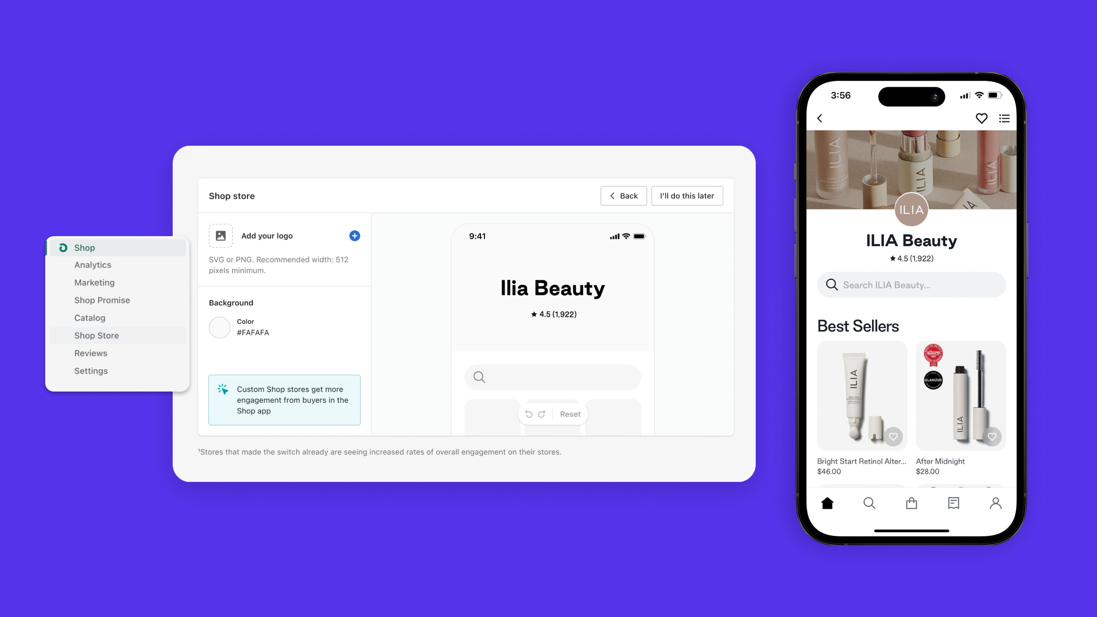 UI mock-up of the Shop Store editor in the channel and a in-app version of the Shop Store