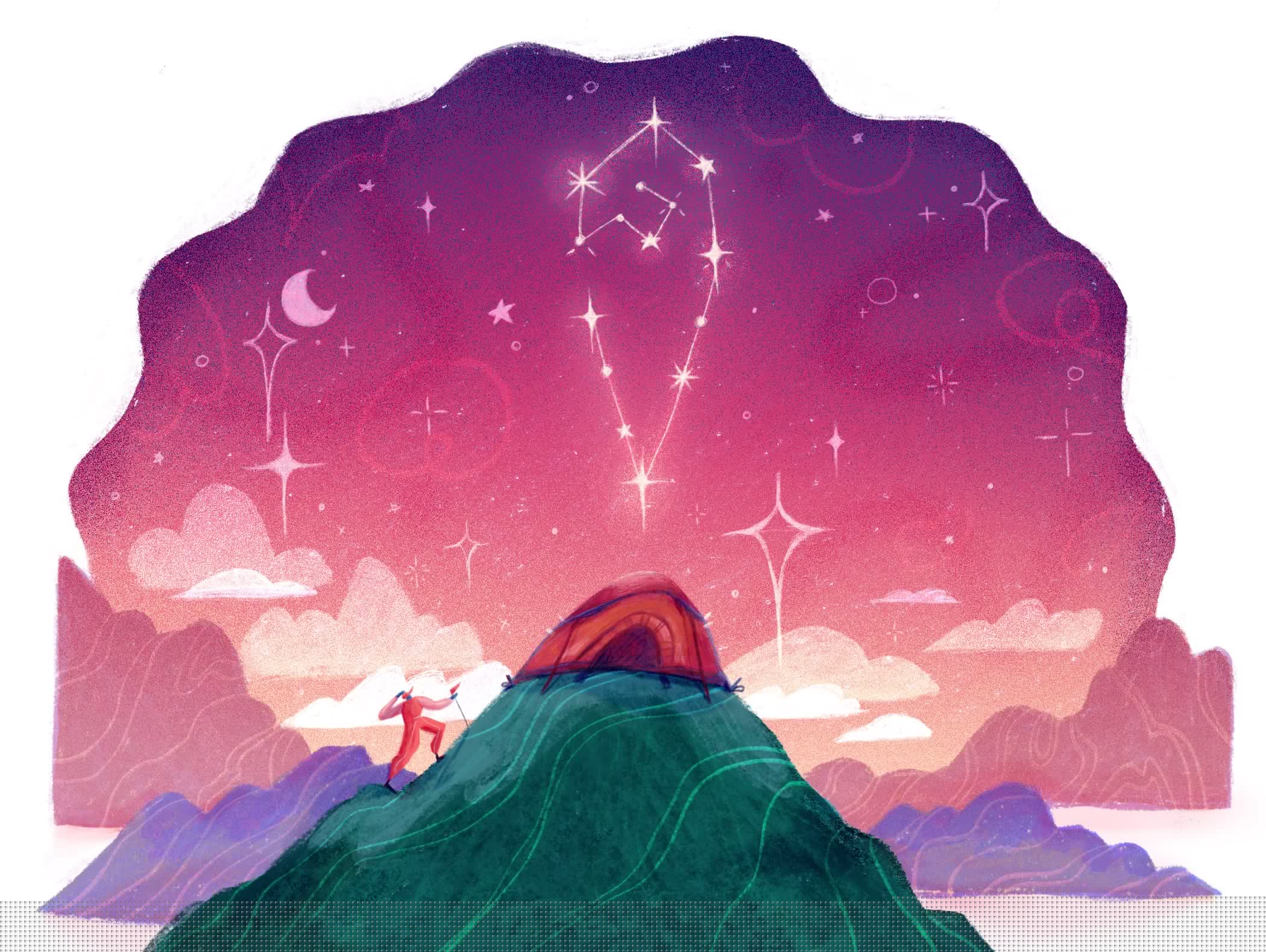 Illustration of a character camping out under the night sky