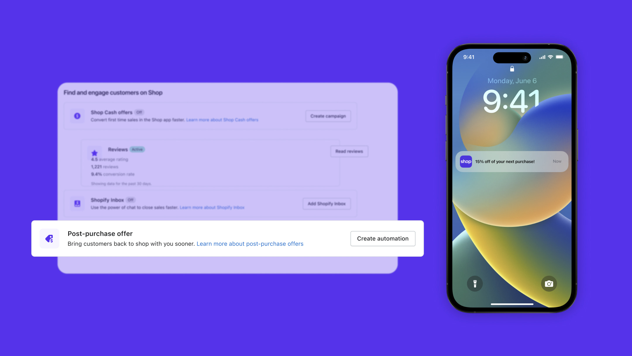 UI mock-up of post-purchase orders in the admin with a phone UI showing the buyer push notification