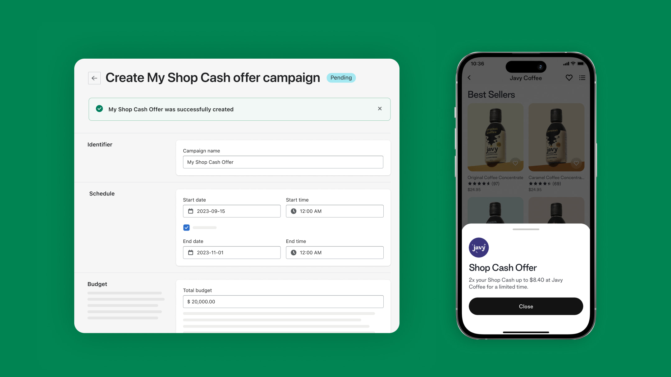 UI mock-up of Shop Cash campaigns set up flow and a in-app view of the offer