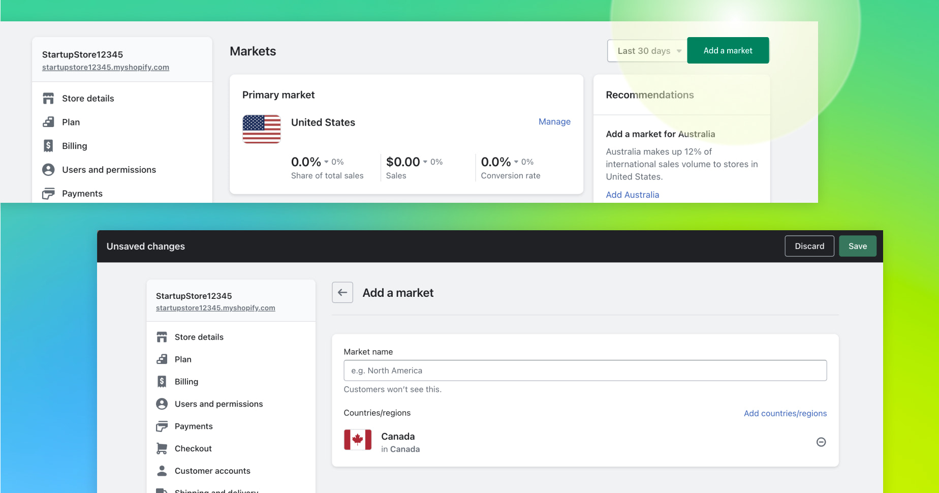 Shopify Markets admin view showing where to add a new market for Canada