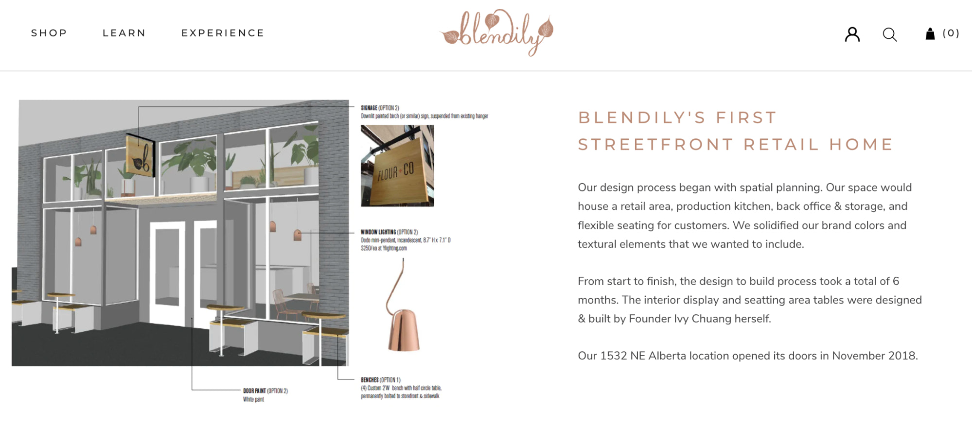 Screenshot of Blendily website page about its first physical store location
