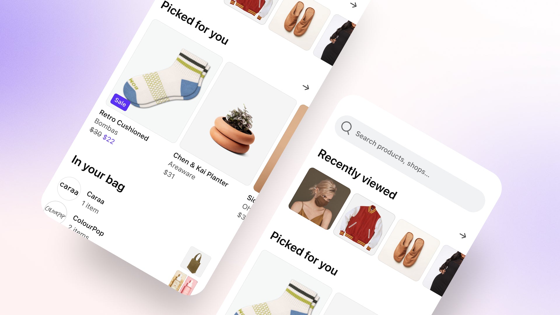Shop app screens showing personalized product recommendations