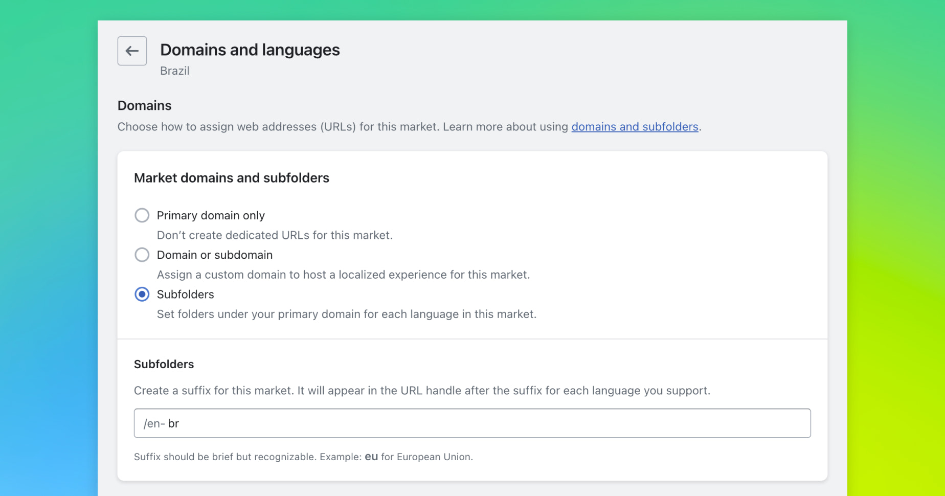 Shopify admin showing the settings for Domains and languages for Brazil market