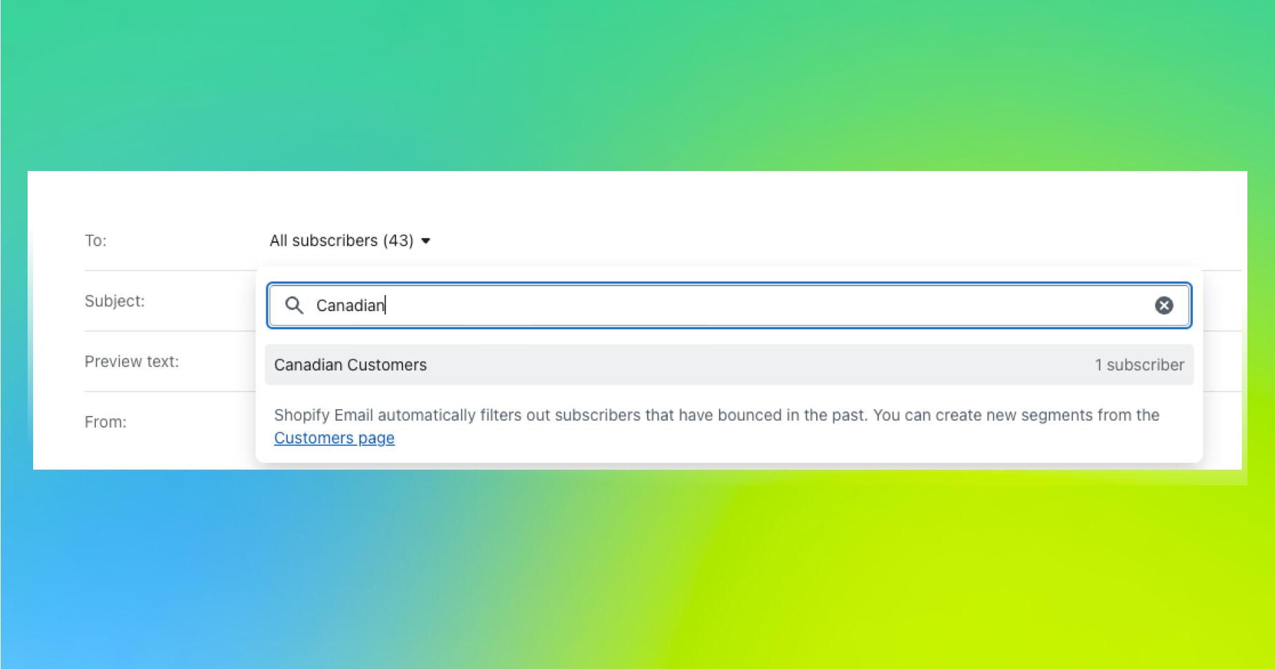 Shopify Email filters showing Canadian segment