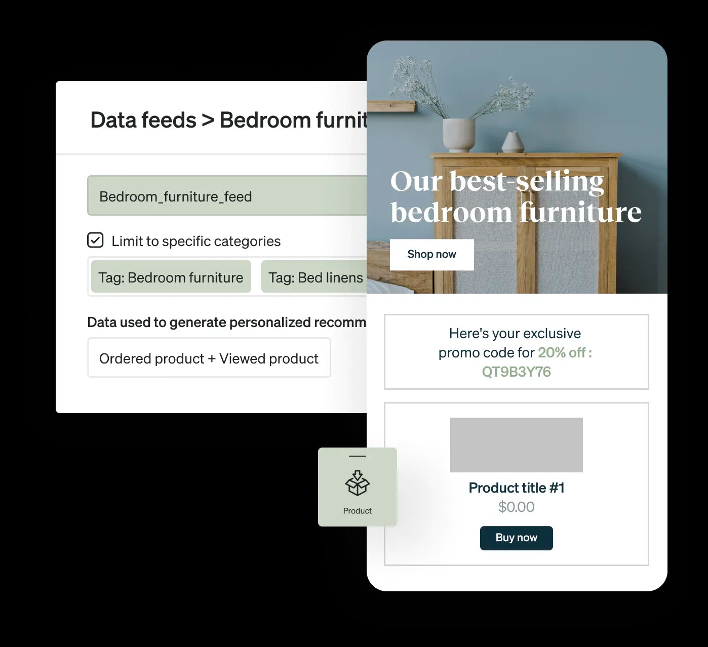 Klaviyo interface showing how people viewing bedroom furniture products will get an exclusive 20% discount code emailed to them.