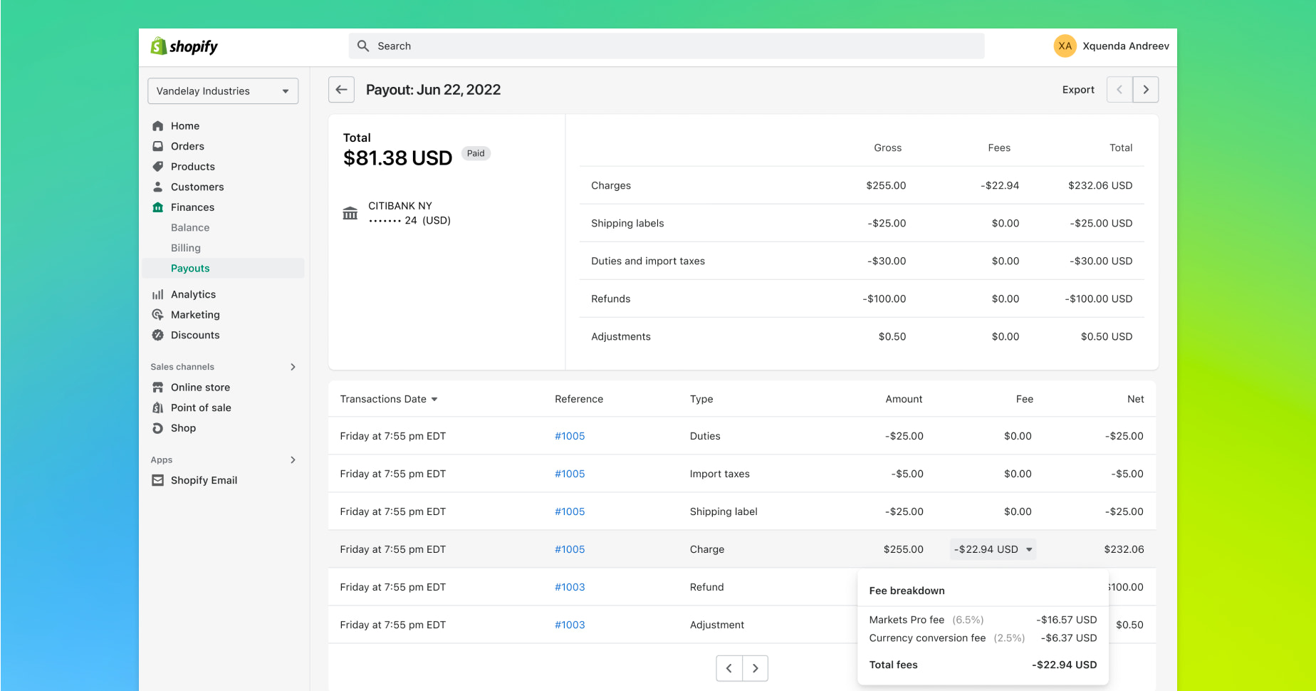 Shopify admin showing store payouts, with Markets Pro and currency conversion fee breakdown highlighted