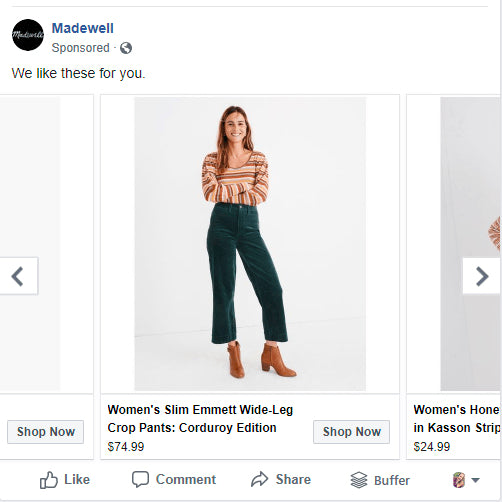 Screenshot of Madewell’s remarketing campaign on Facebook, Facebook ad example