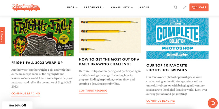 RetroSupply Co. blog homepage with three recently published posts with its blog header and a description under each page