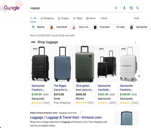 Example of Samsonite’s search engine ads, SEM marketing, Google Shopping ads for luggage