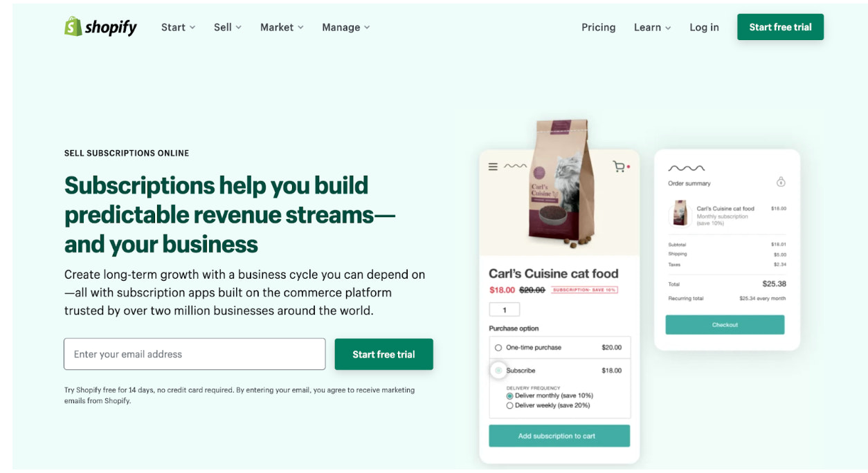 Shopify subscriptions website page