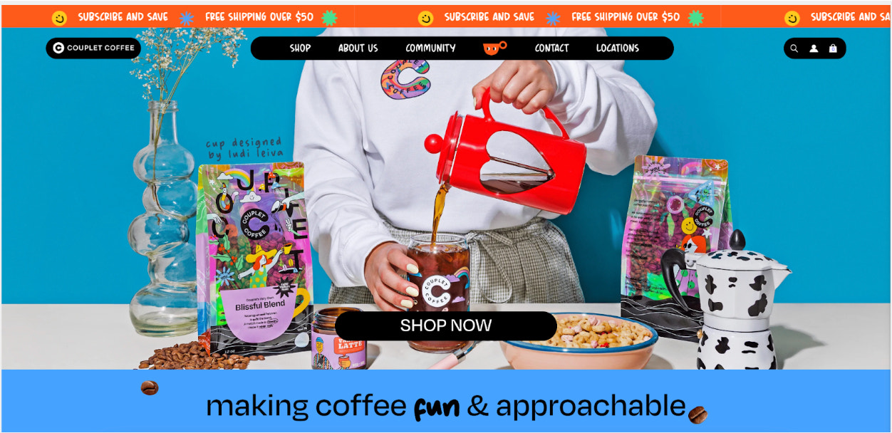 The main image on Coffee Couplet’s website is a person pouring tea into a beaker.