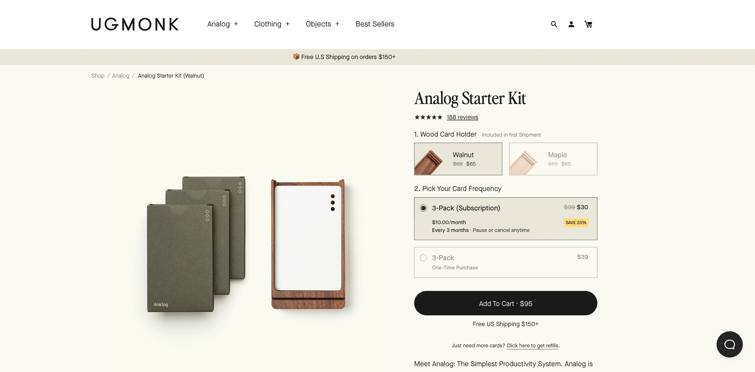 Ugmonk’s website showing its analog starter kit with subscription options shaded out.