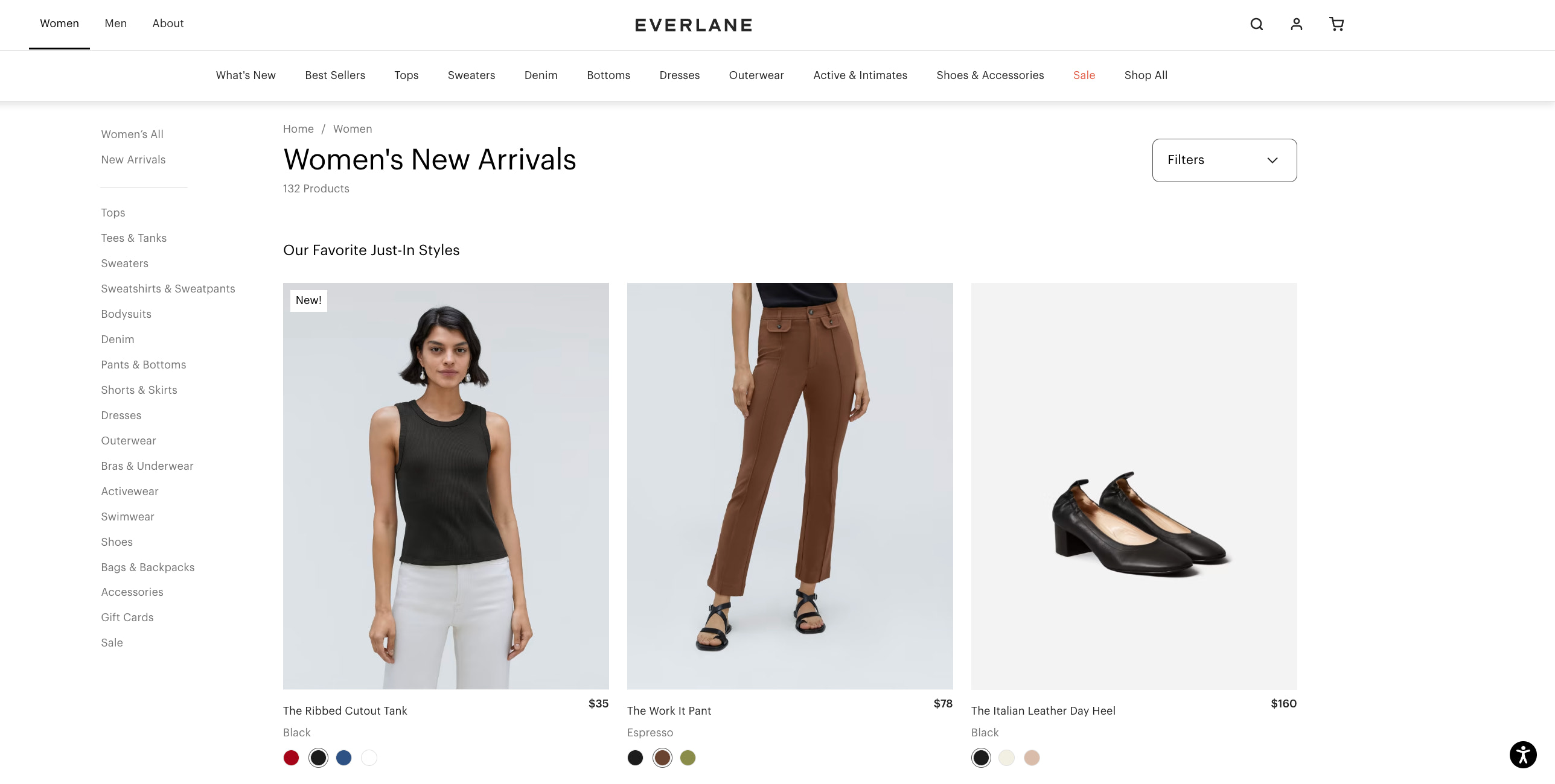 Everlane uses a black and white color scheme for headlines, footers, and text.