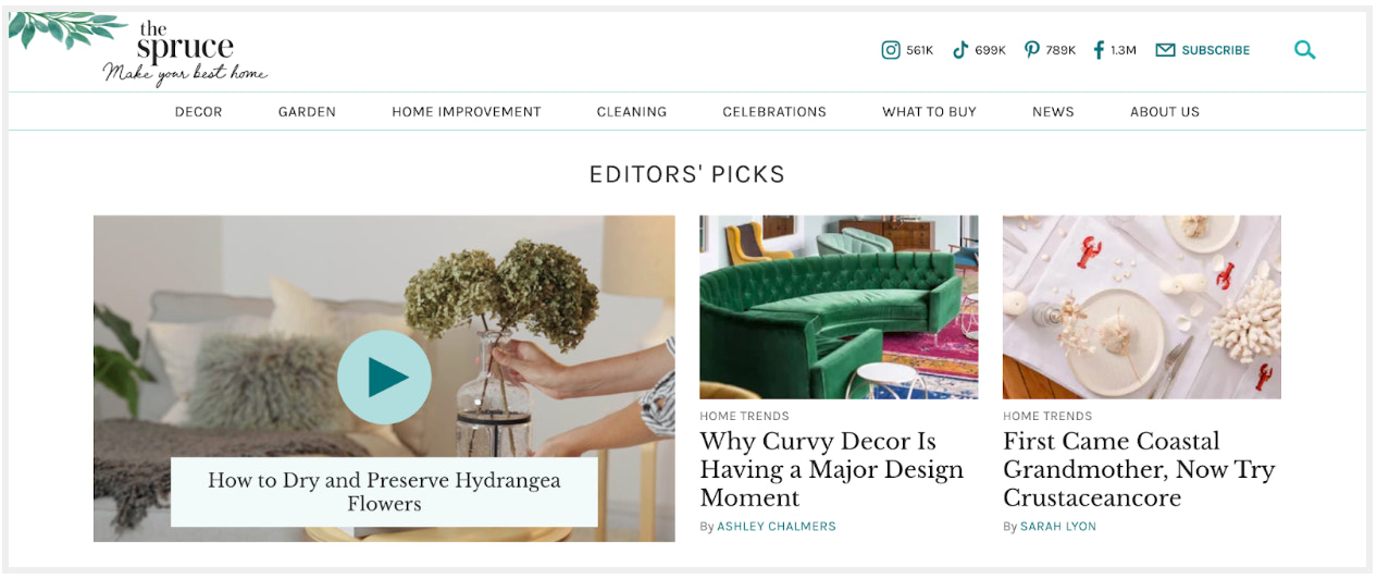 The Spruce’s blog category page with a video of how to preserve hydrangea flowers