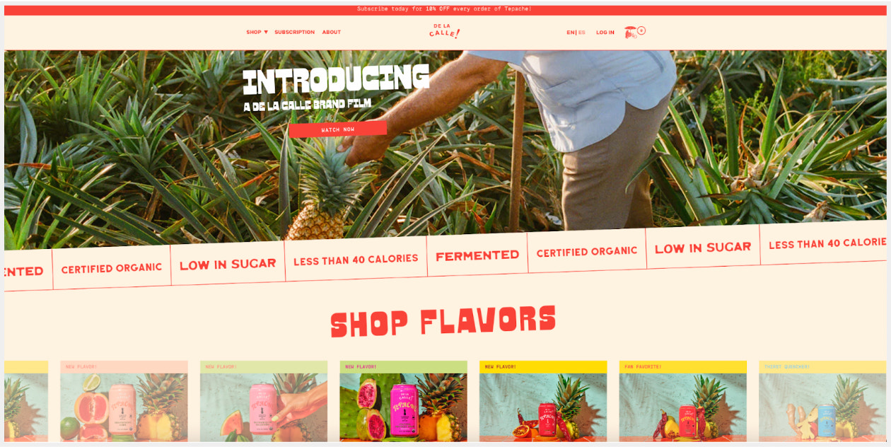 De La Calle Coffee's website showing bright red headlines against a pale peach background