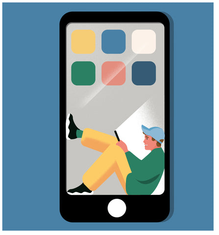 Illustration of a kid sitting inside a window that resembles a phone screen