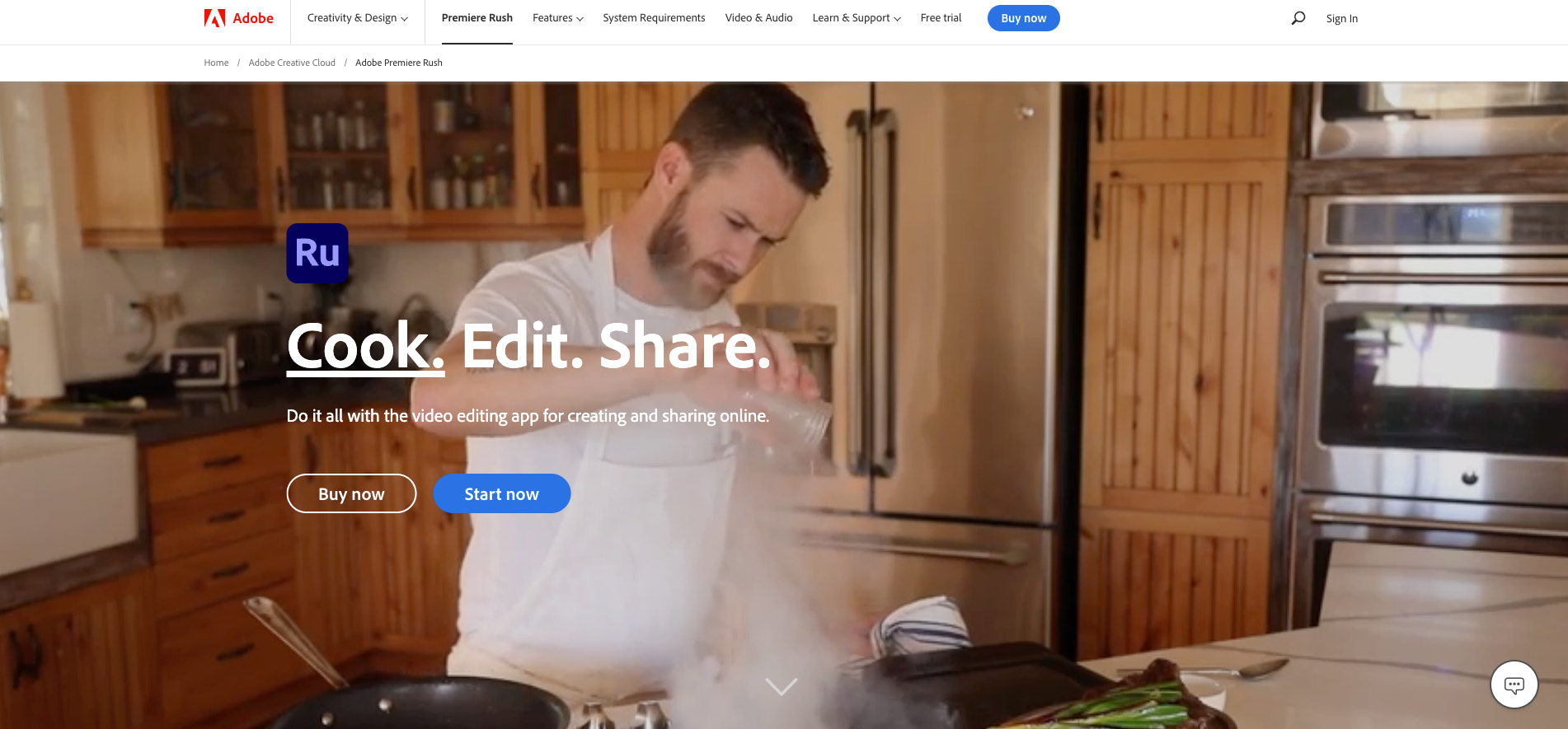 A screenshot of the Adobe Rush homepage