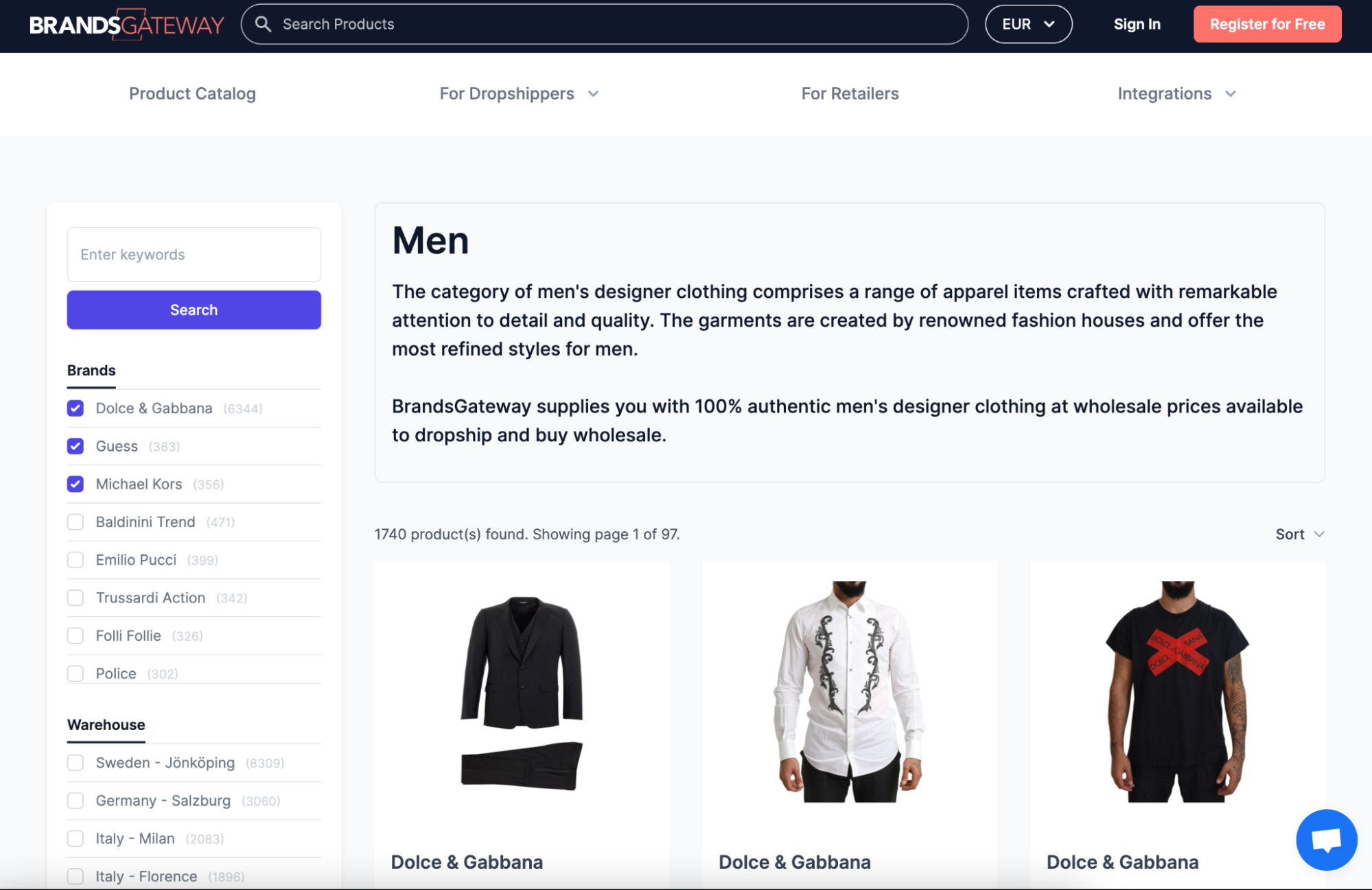 Image of Brandsgateway wholesale site featuring items from Dolce & Gabbana