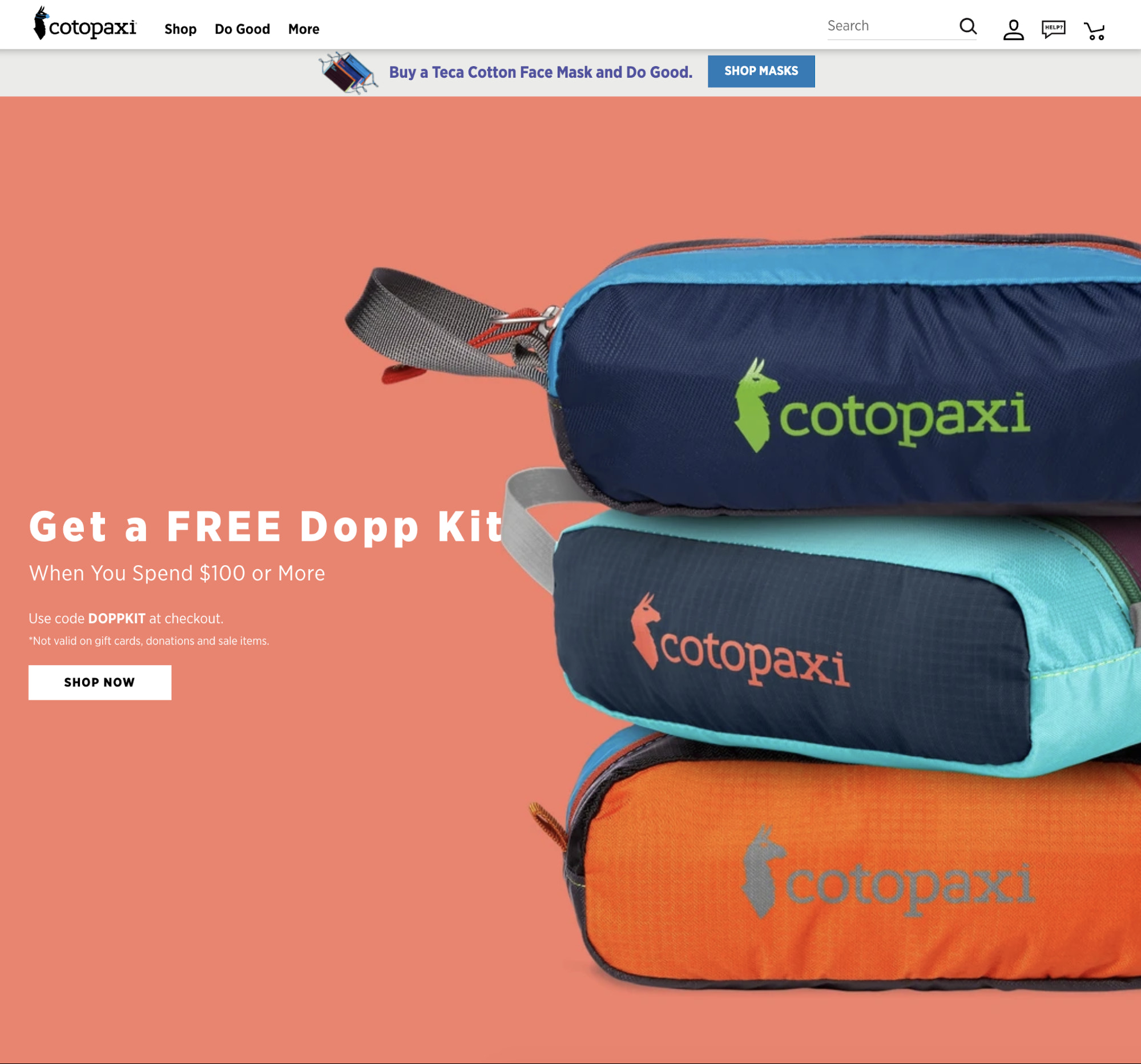 Cotopaxi homepage showing a pile of storage bags