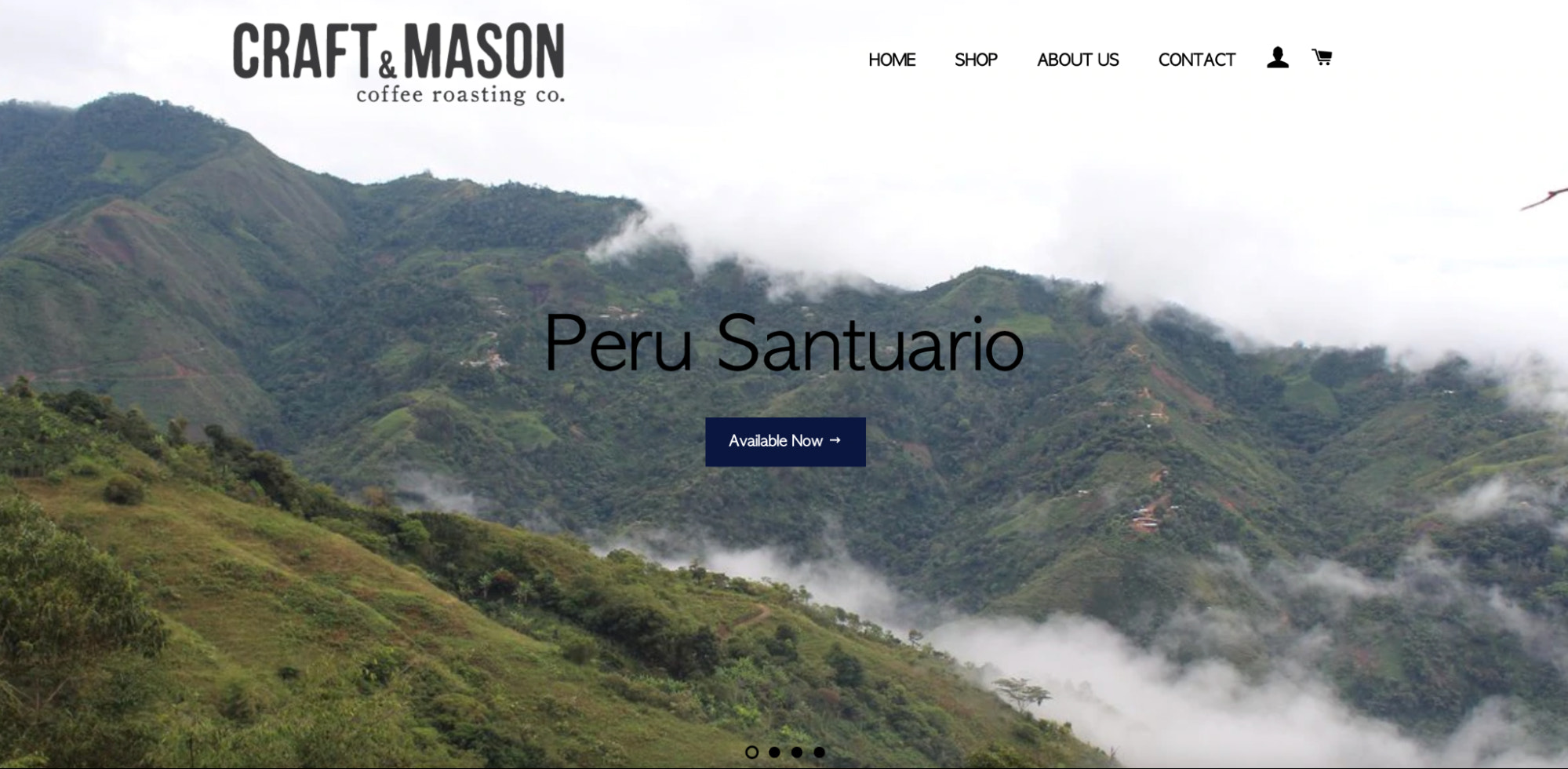 Craft and Mason's homepage featuring an image of the hills of Peru with fog creeping over