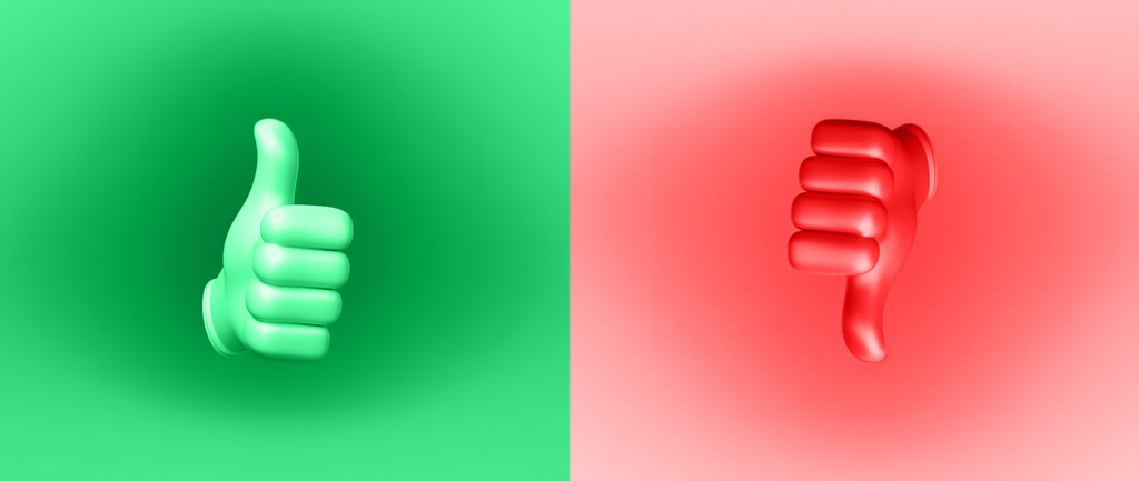 a split screen in which the left half is a green background with a green thumbs up sign, and the right side is a red background with a red thumbs down sign: crowdfunding advantages and disadvantages
