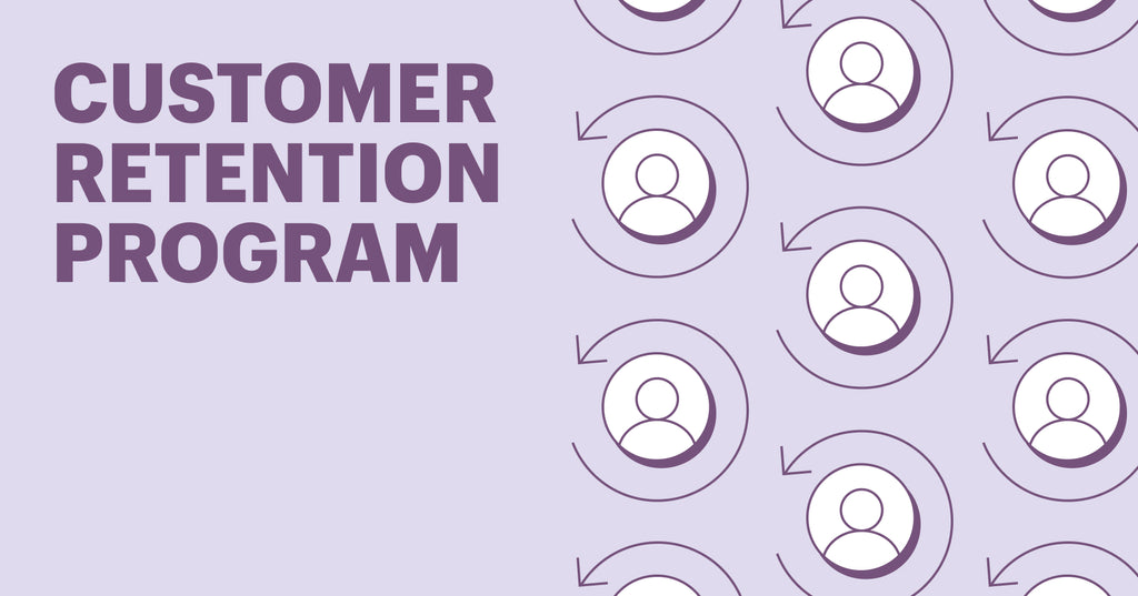 customer retention program on left, circles with people silhouettes in the center and arrows around the edge indicating churning or retention