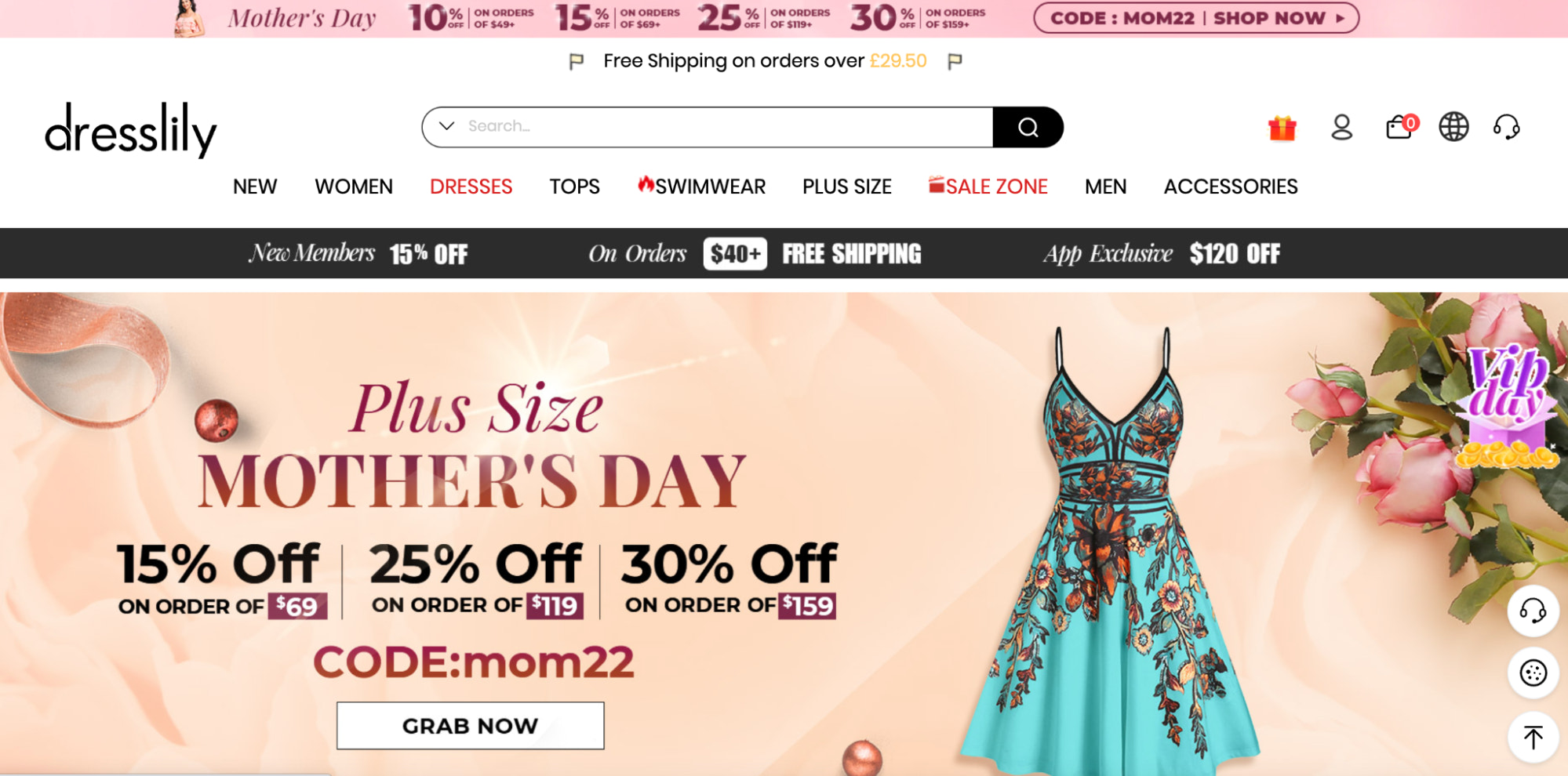 Screenshot of the dresslily homepage