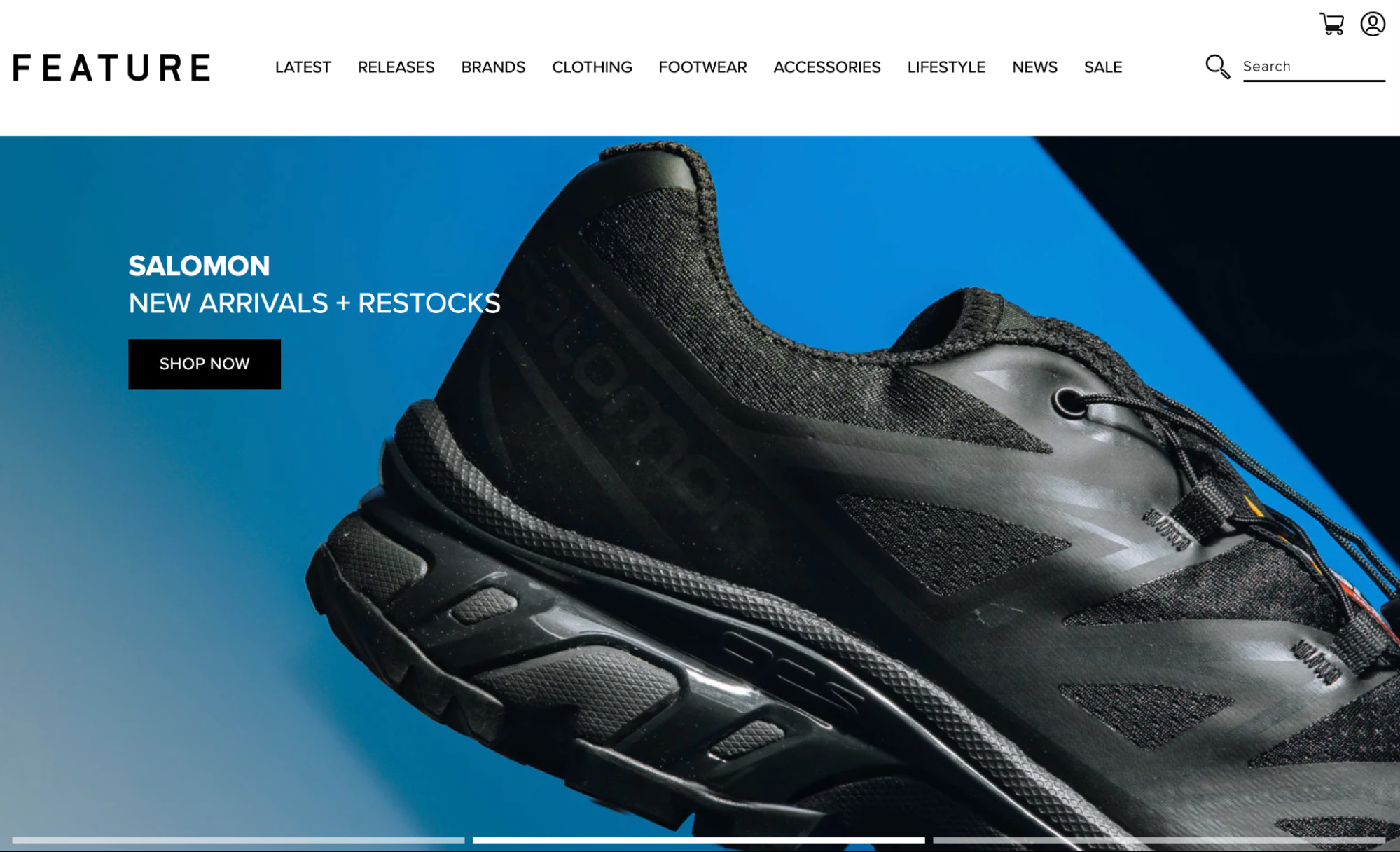Feature’s homepage featuring Salomon new arrivals and restocks