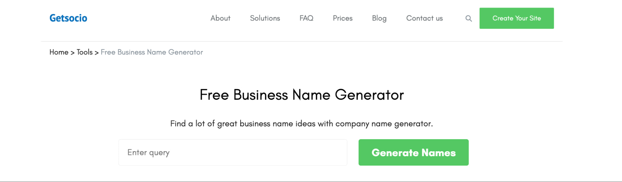 Getsocio free business name generator with search bar and button to generate names.