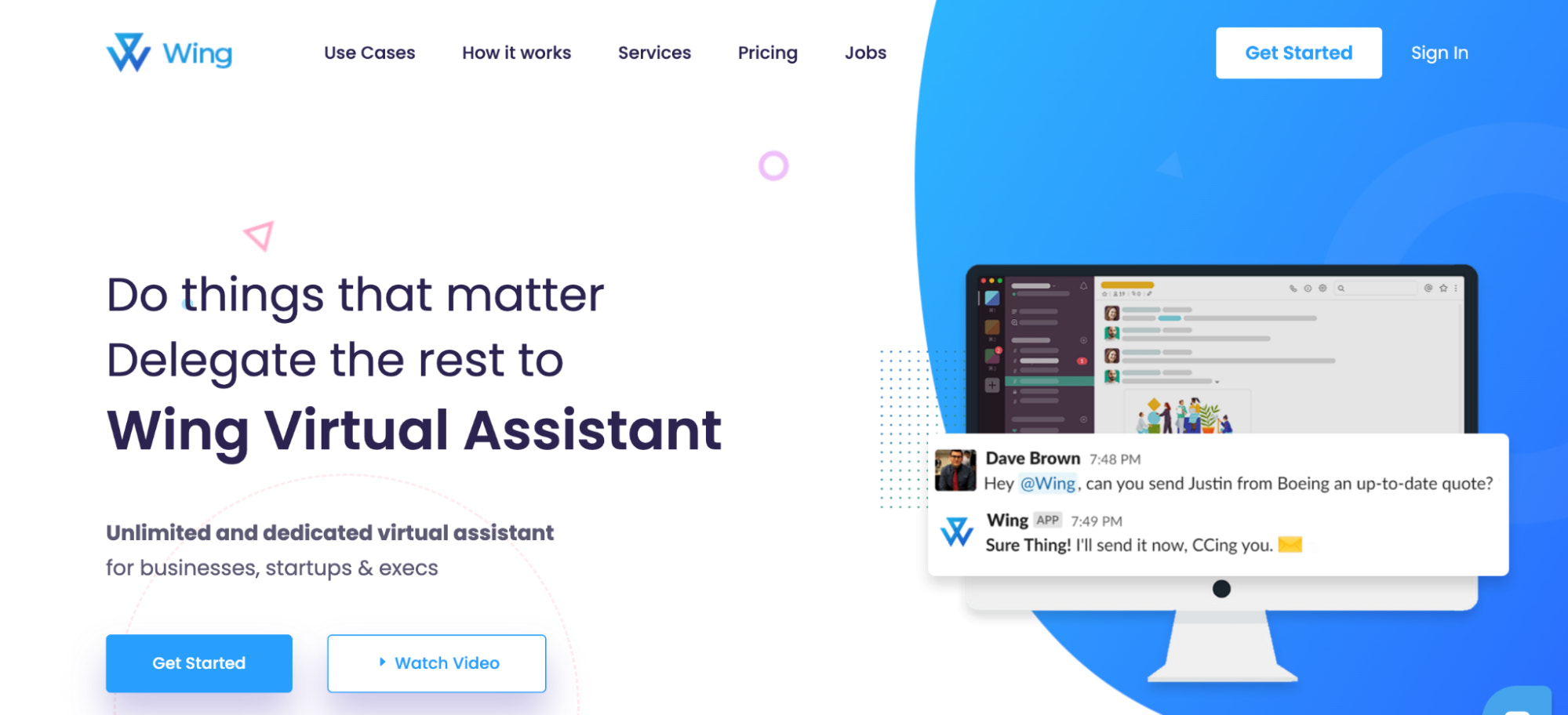 Wing’s homepage with a headline, “Do things that matter. Delegate the rest to a Wing Virtual Assistant.”