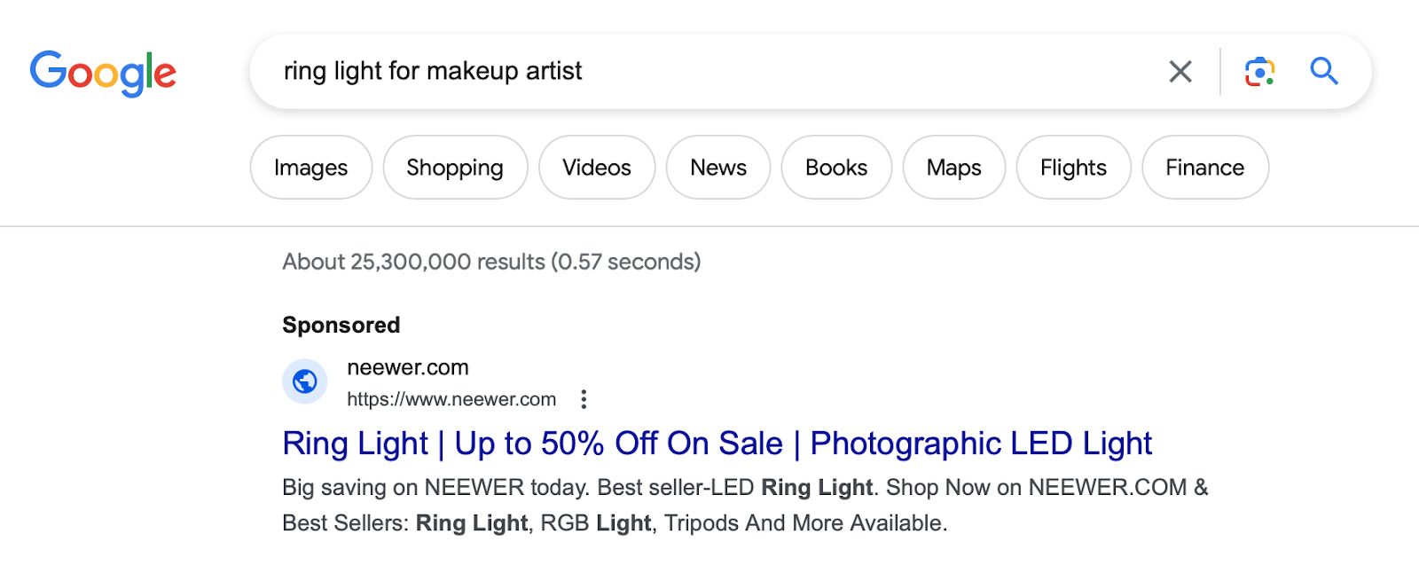 Neewer’s sponsored listing at the top of Google search results for ‘ring light for makeup artist’ keyword