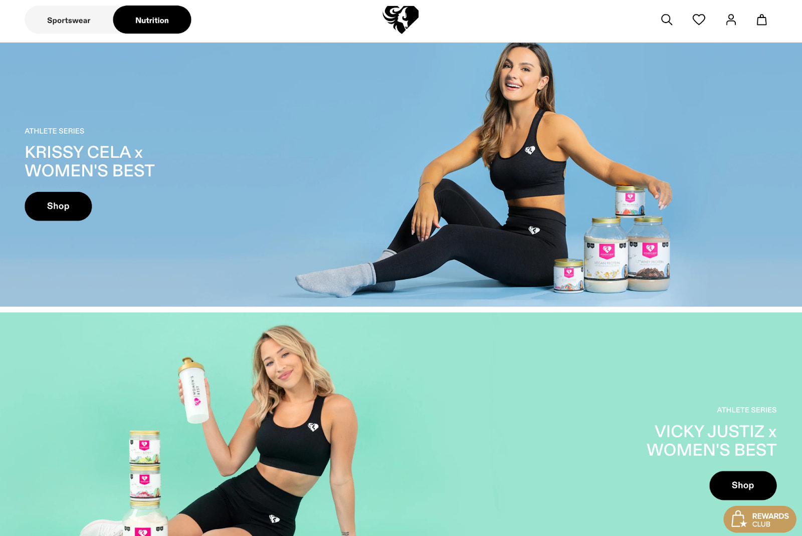 Page on Women’s Best website with full width images of athletes and their favorite products