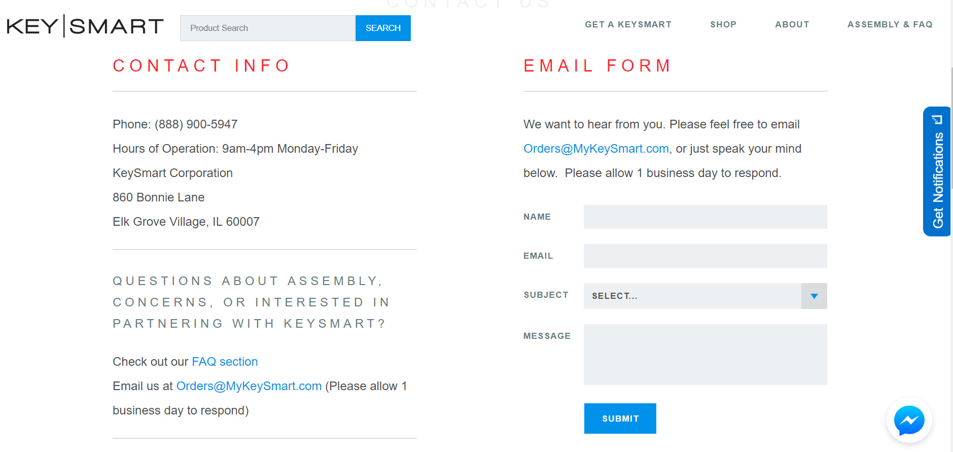 KeySmart contact us page