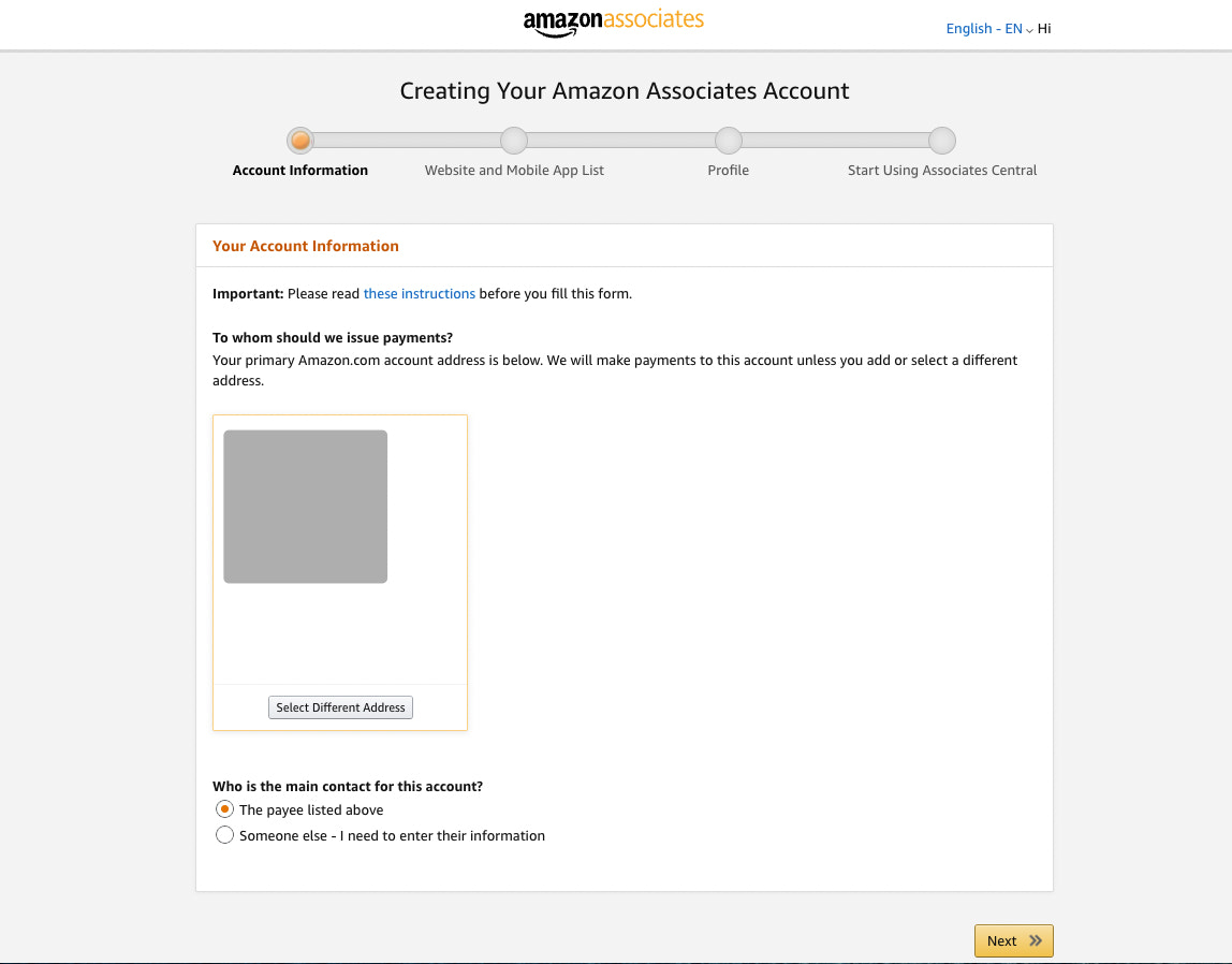 A screenshot of the Amazon Associates Account page