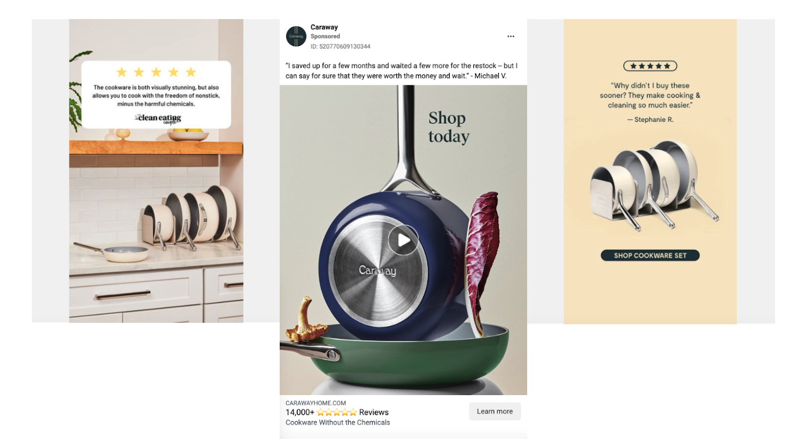 Three social media ads by Caraway focusing on customer reviews