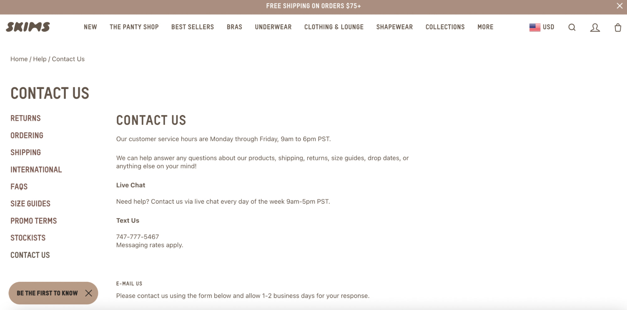 Skims contact us page