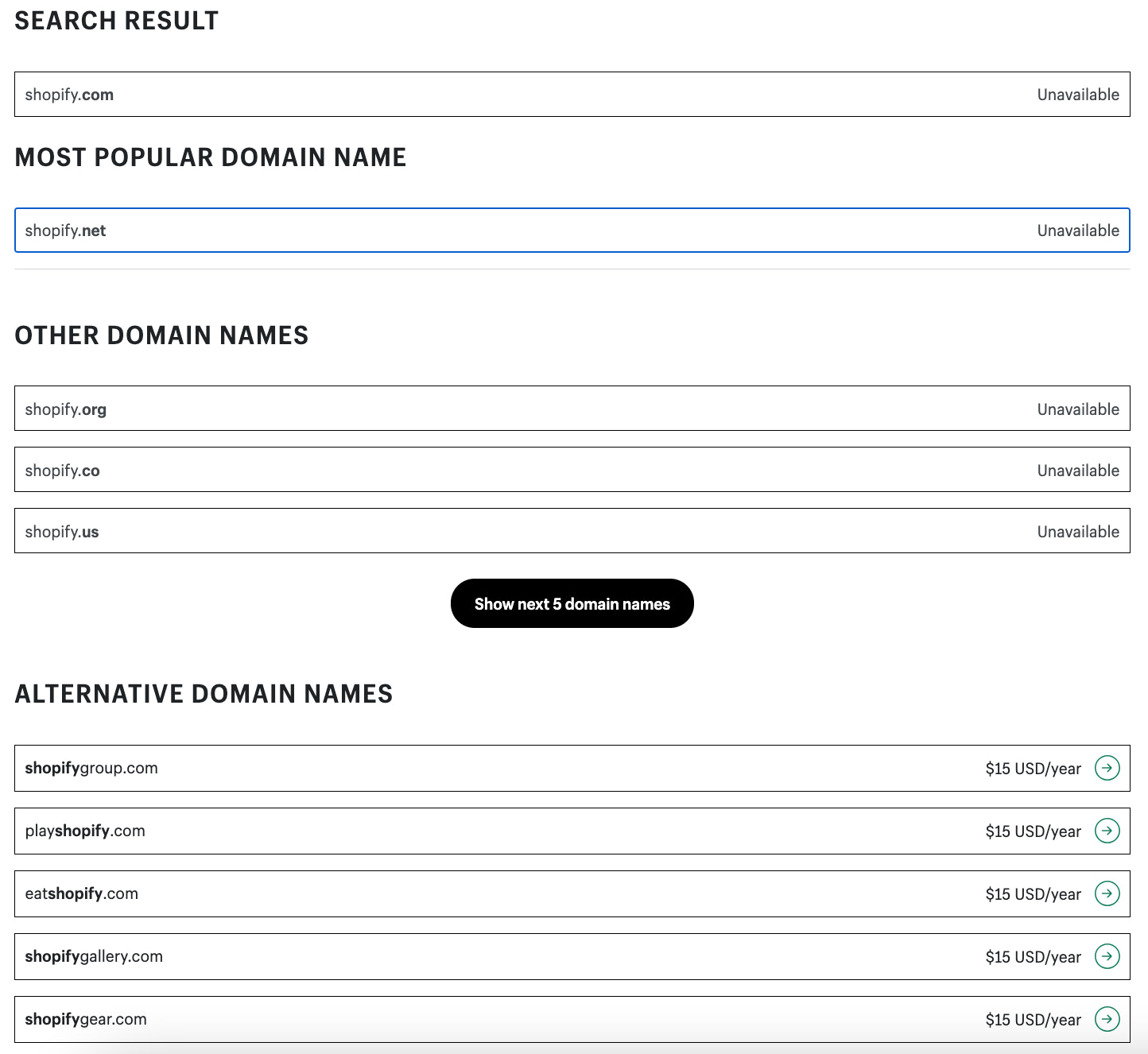 screenshot of Shopify domain name checker