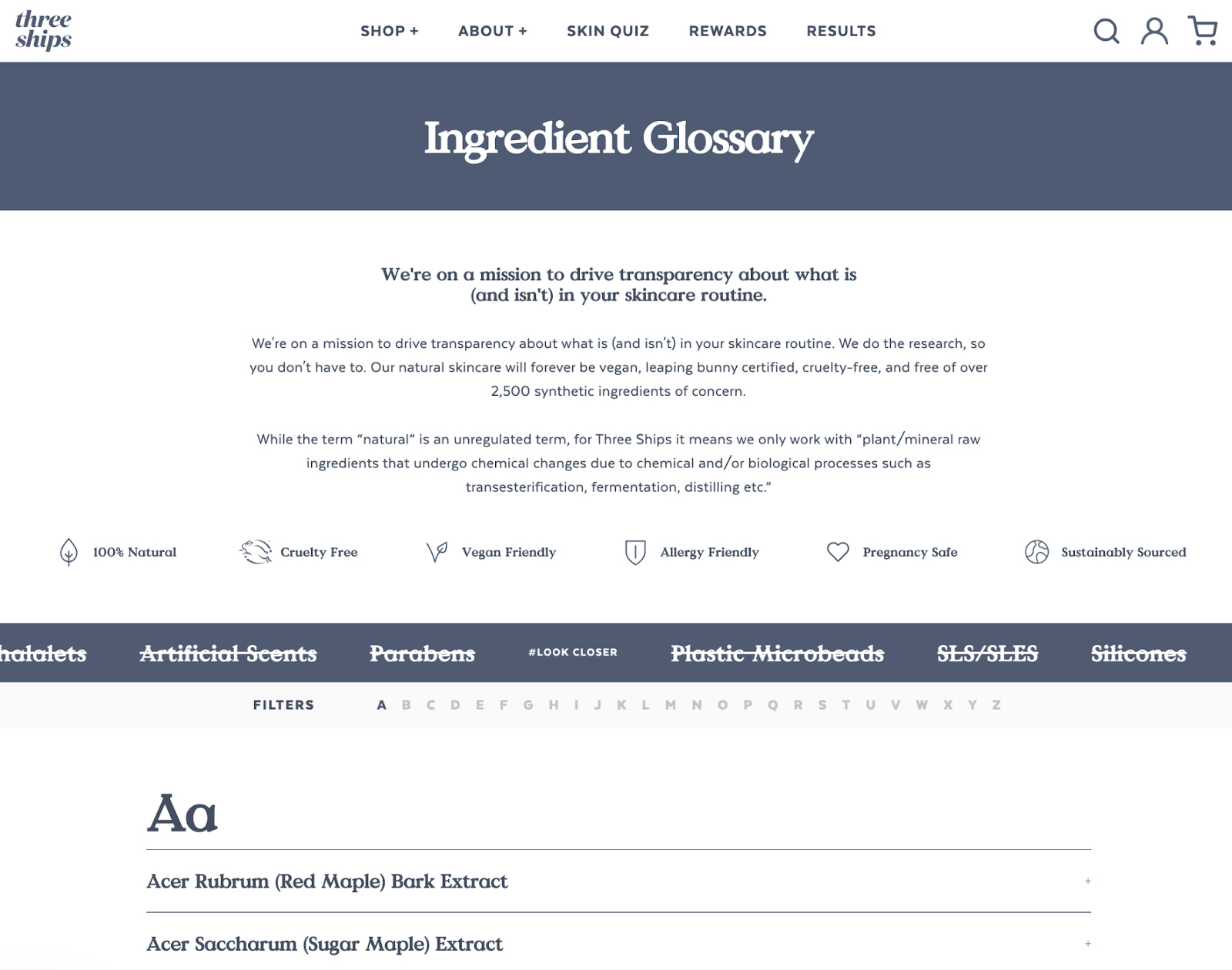 The ingredient glossary by Three Ships with terms listed in alphabetical order