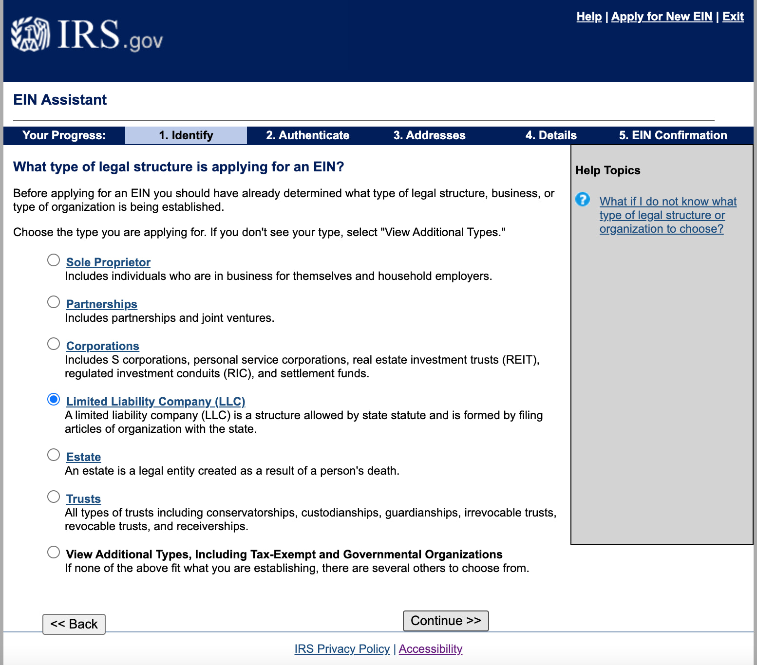 The IRS EIN application.