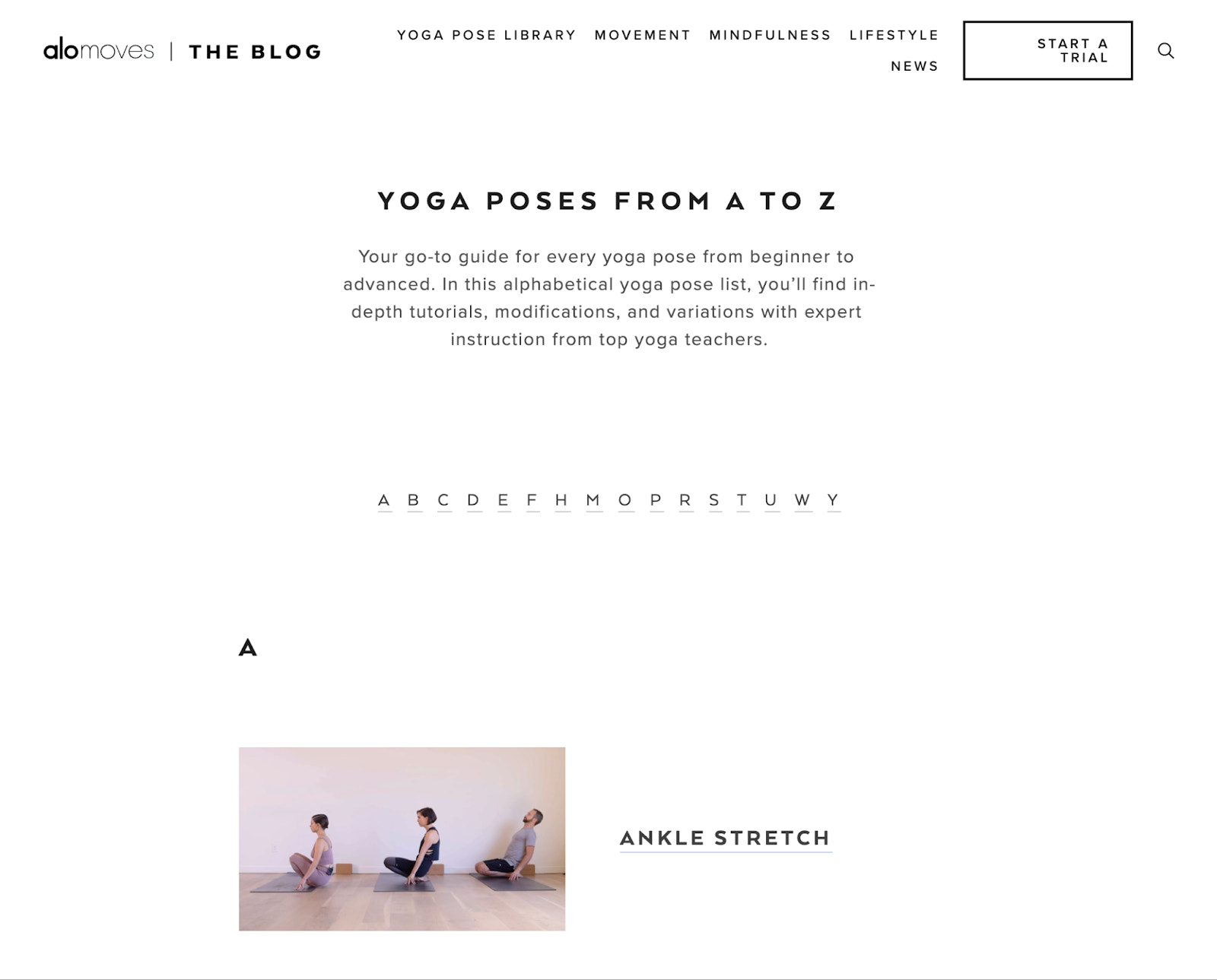 The yoga pose library on Alo Yoga’s website, in alphabetical order and with an image next to each term